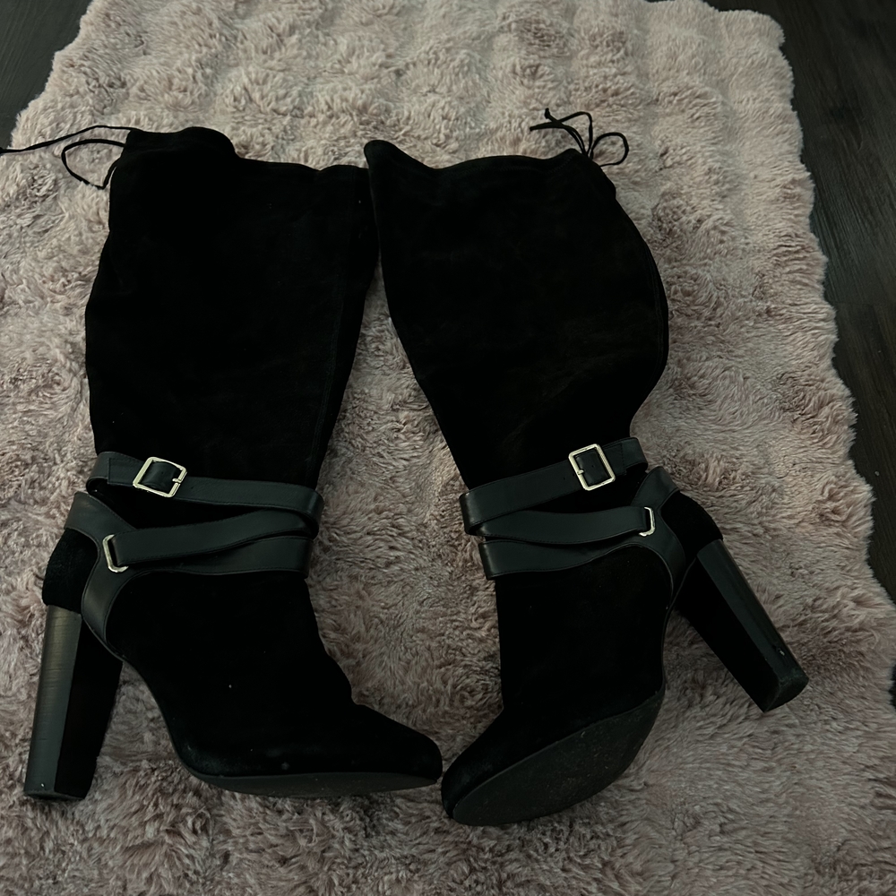 Torrid Black Suede Heeled Boots with Strap Detail